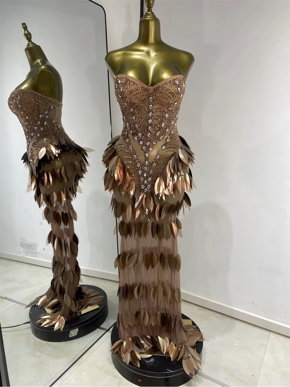 Strapless Metallic Leaf-Embellished Evening Dress - Bronze